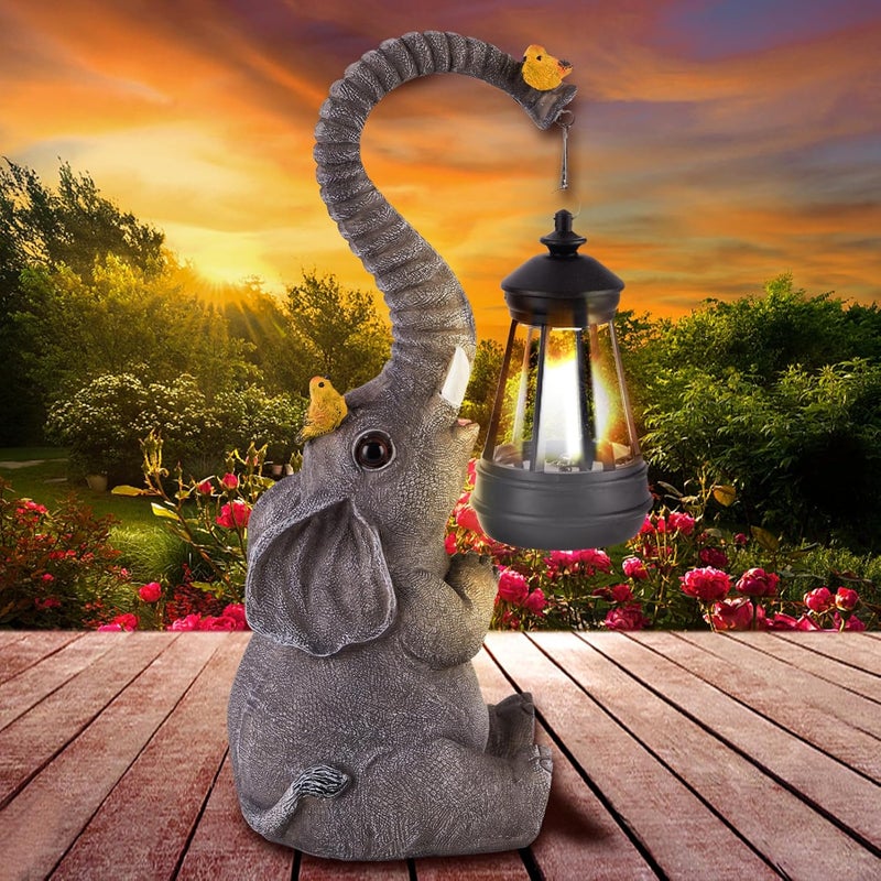 ILLUMINEW Solar Outdoor Garden Decor Elephant Statues Lights, Lucky Elephant Unique Mom Birthday Gifts for Mom, Housewarming Gifts and Yard Decoration, Cute Birds Garden Sculpture Decor - Image 1